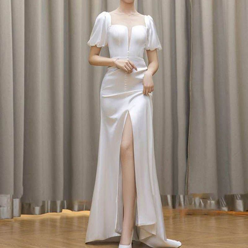 ウエディングドレス 結婚式 花嫁 二次会 ウェディングドレス ドレス 白 ワンピース フォーマルドレス ロングドレス タイト スリット入り 半袖 ライトドレス 0932