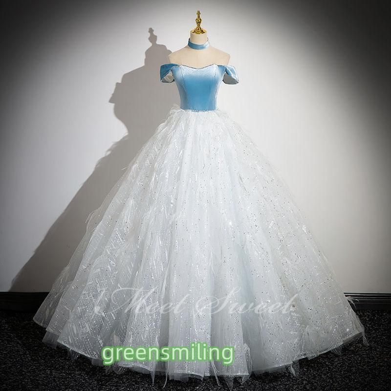 ドレス Aラインドレス 青 ホワイト オフショルダー フェザー ロングドレス ウェディングドレス 結婚式 二次会 花嫁 前撮り