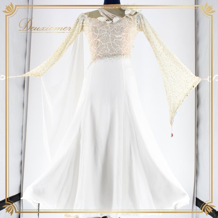 B1508【タカダンス】オフ白×黄緑/レース/スタンダードドレス☆社交