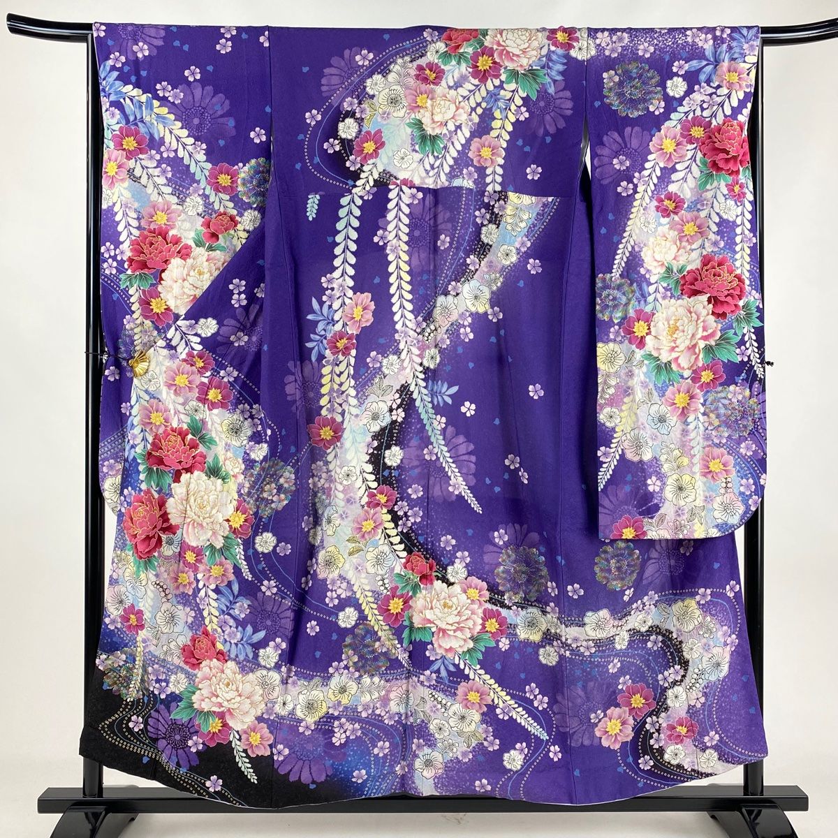 振袖 身丈155.5cm 裄丈65.5cm S 袷 牡丹 草花 金通し 金糸 紫 正絹 美  