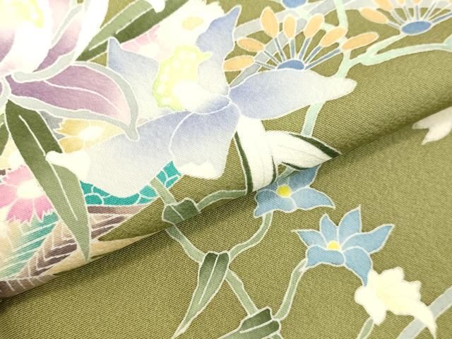 り*う様 本加賀友禅 岡本 幸治 裄68.5 紋なし 美しい花 着物 U-617 平和屋着物○本加賀友禅作家 岡本幸治 訪問着 飾花文 正絹 逸品