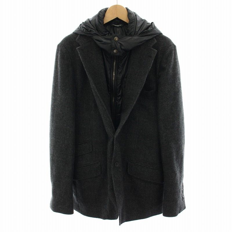 ドルチェ-ガッバーナ ベーシック ドルガバ DOLCE-GABBANA BASIC テーラードジャケット シングル アウター 重ね着風 異素材 フード グレンチェック柄 50 黒 ブラック G2AS1T |YT