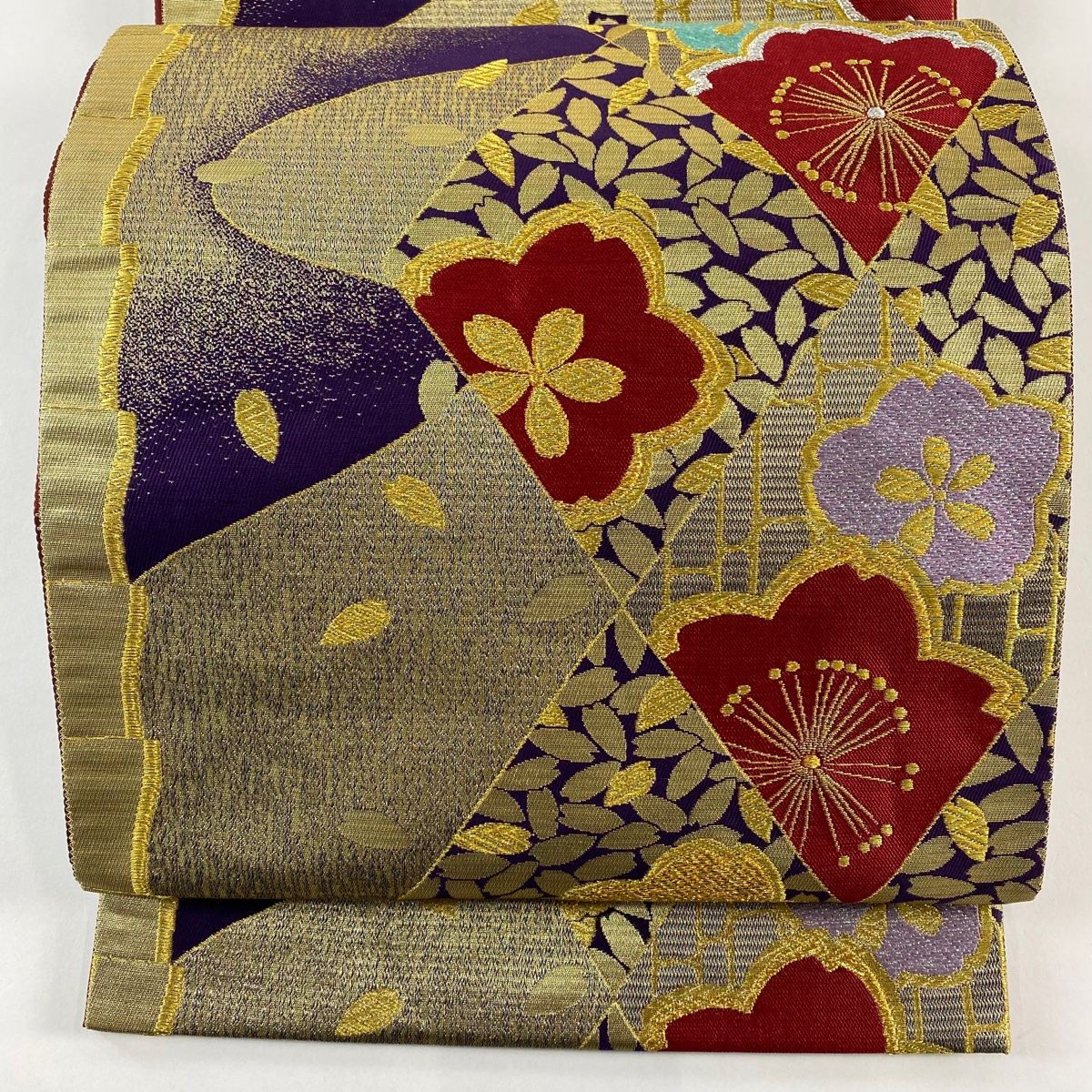 袋帯 秀品 桜 花びら 金銀糸 箔 紫 六通 正絹