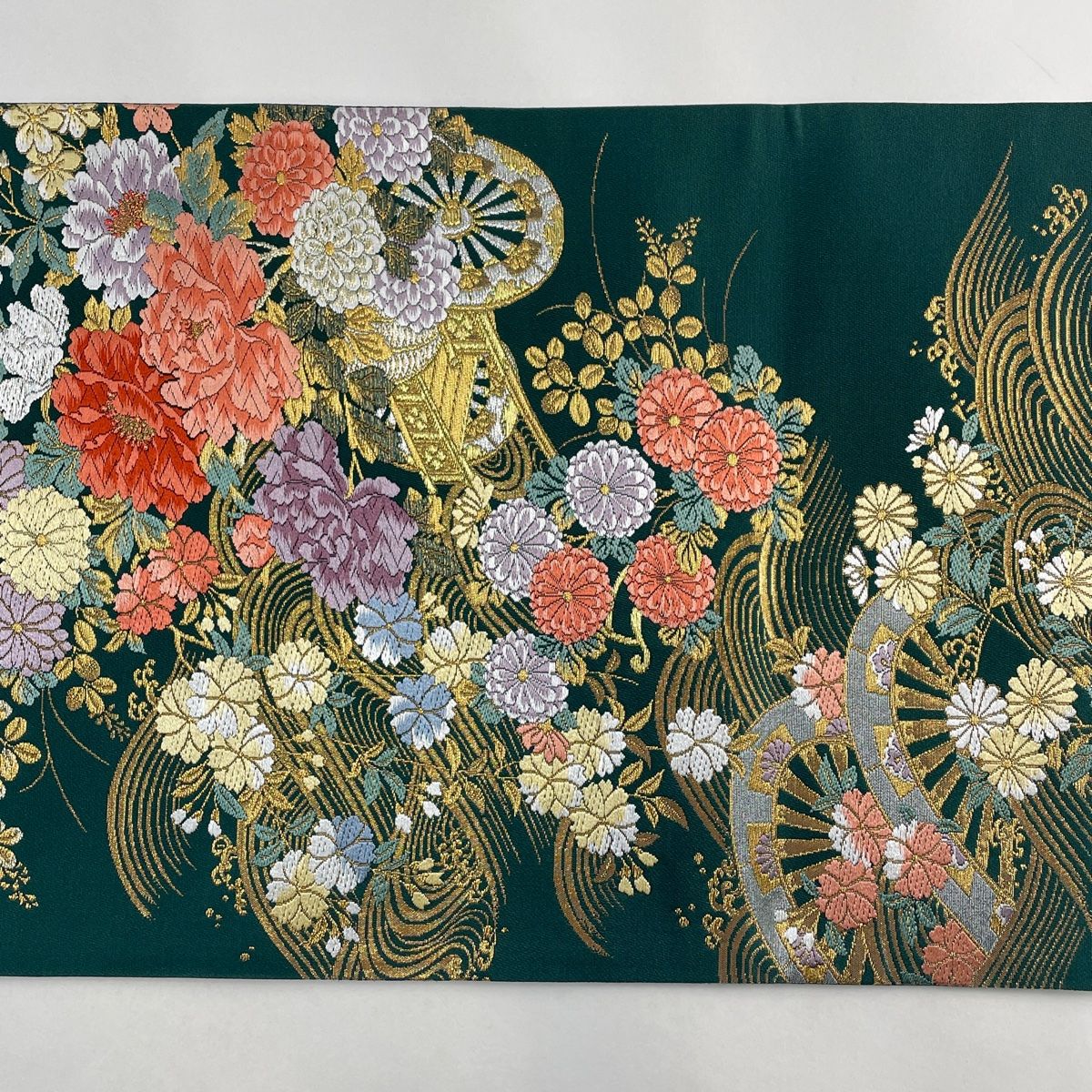 袋帯 美品 名品 丸文 草花 金銀糸 刺繍 青灰色 六通 正絹 中古