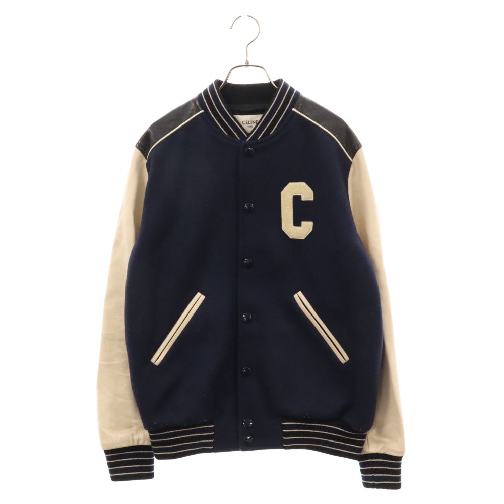 CELINE (セリーヌ) 22SS アームレザー ウール オーバーサイズ クラシック テディジャケット ブルゾン スタジャン ブラック/ネイビー 2V56D896C
