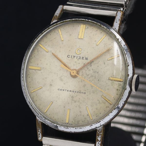 んが！シチズン年代物センターセコンド稼働品、だいたい合ってます、バンド社外 稼動 シチズン センターセコンド 手巻き シルバー文字盤