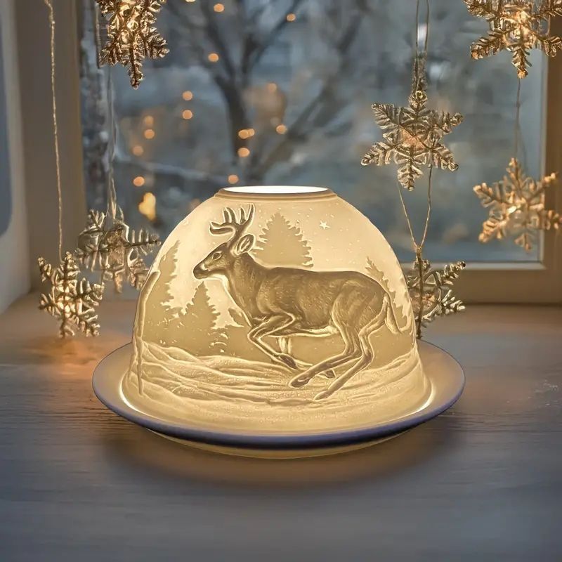 エレガントな磁器製鹿のキャンドルホルダー - クリスマスデコレーションに最適な3Dデザイン