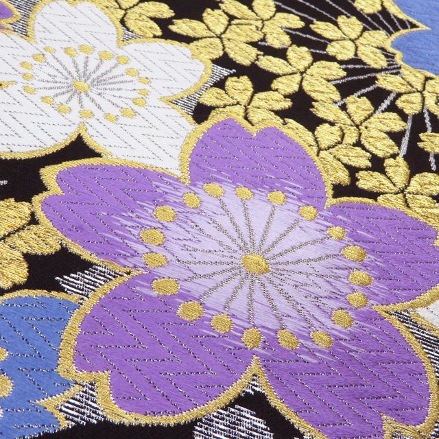 袋帯 振袖用 リサイクル 正絹 クイーンサイズ 仕立て上がり リバーシブル 桜模様 箔糸 黒色 多色 金銀 きもの北條 A1286-19