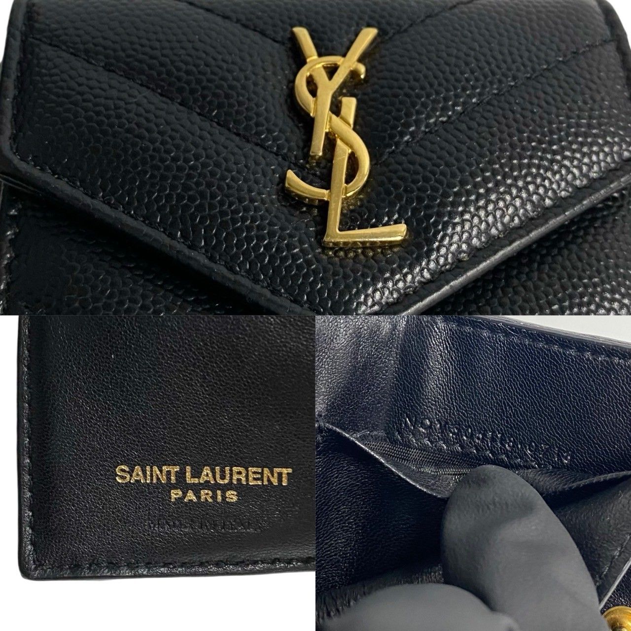 極 美品 希少品 SAINT LAURENT PARIS サンローランパリ YSL ロゴ 金具 レザー 本革 三つ折り財布 ミニ ウォレット ブラック  90424 - メルカリ