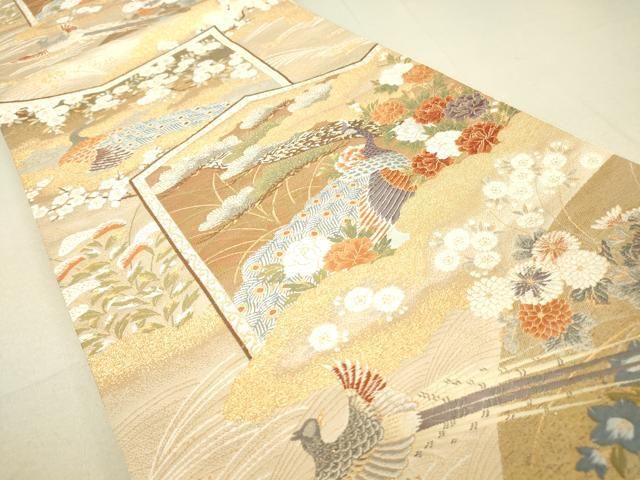 平和屋着物▽六通柄袋帯 唐織 屏風孔雀花文 金糸 正絹 逸品