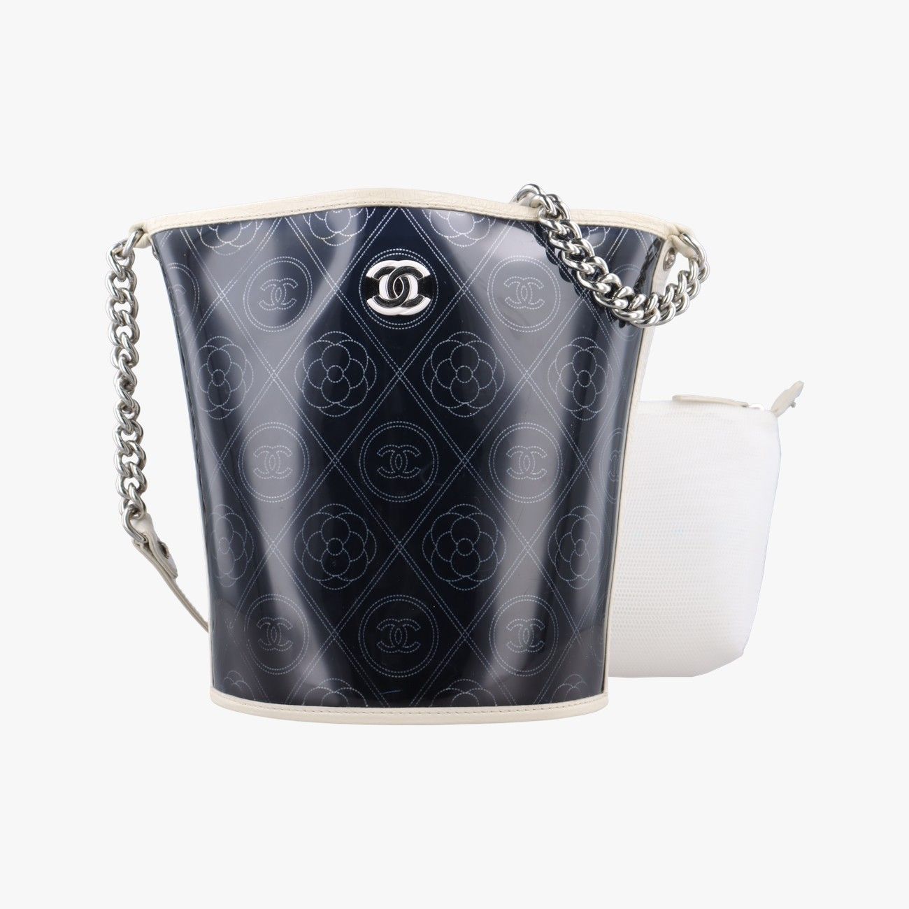 シャネルChanelココマーク カメリア ビニール バスケットブラック×ホワイトPVCコーティングキャンバスA5763726057307