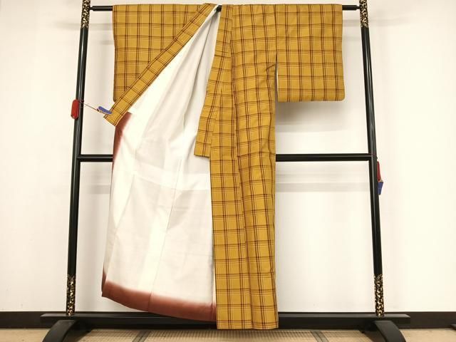 平和屋着物○黄八丈 紬 市松綾織 絣格子 正絹 逸品 DAAQ3475ps