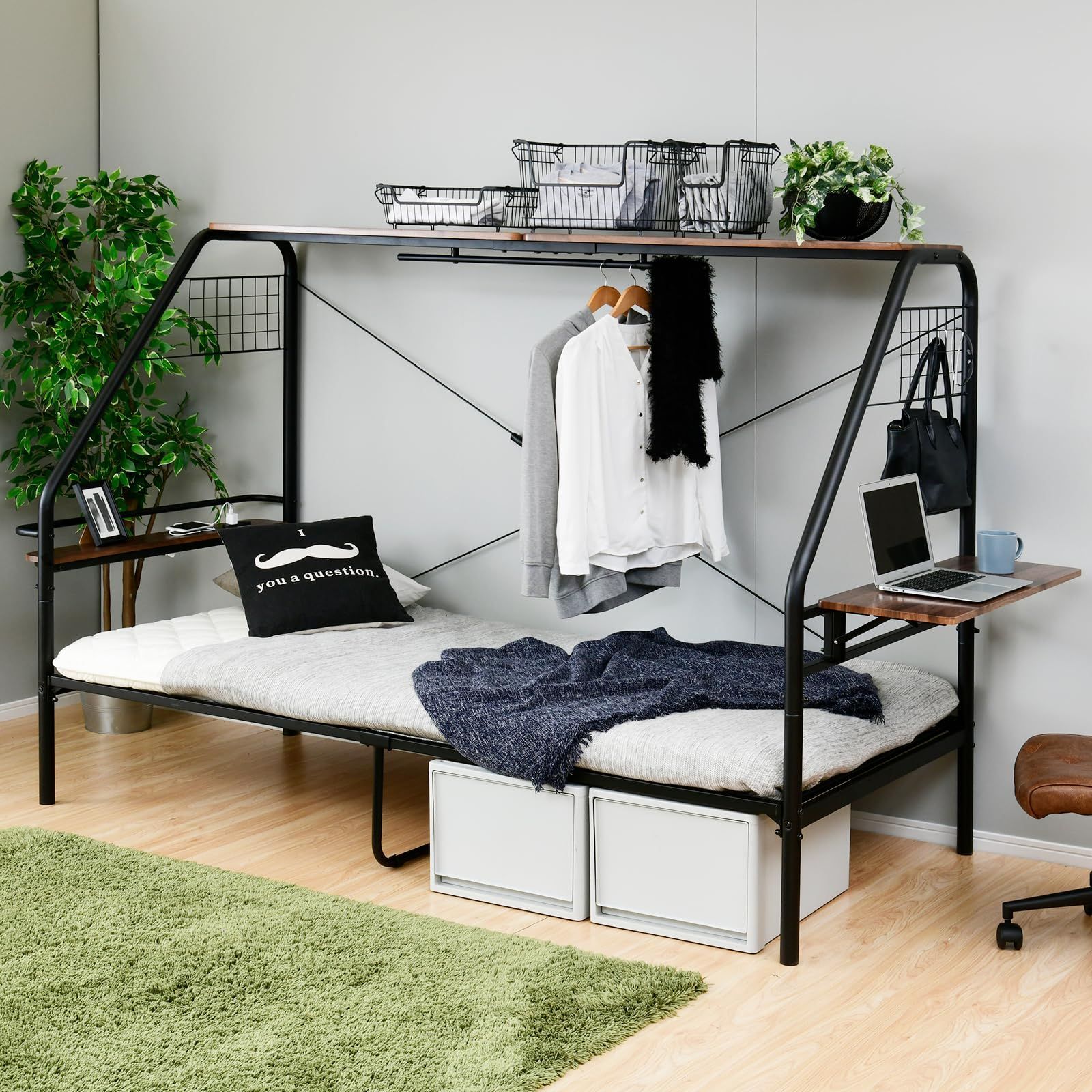 BGB-98219T BK ブラック 組立品 一人暮らし 幅98.5×奥行219-249×高さ151㎝ コンセント ハンガーバー 上棚 テーブル 宮付き ぐうたらベッド ベッドフレーム シングル ベッド 山善 YAMAZEN