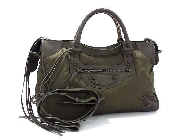 ■極美品■ BALENCIAGA バレンシアガ 115748 ザ・シティ ナイロン×レザー ミラー付き 2WAY ハンドバッグ ショルダー カーキ系  BG1376