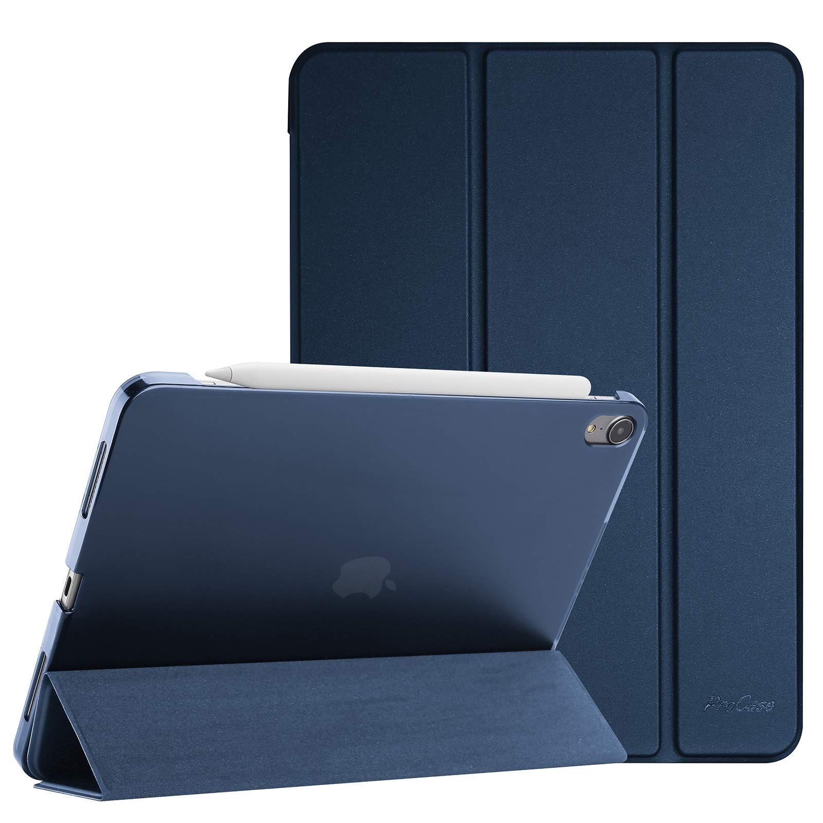 【在庫セール】2022 ケース Air4 ケース 2020 Air5 軽量 スタンド 三つ折り iPad フォリオ保護ケース 半透明バックカバー Apple ProCase Pencil 2対応‐ネービー