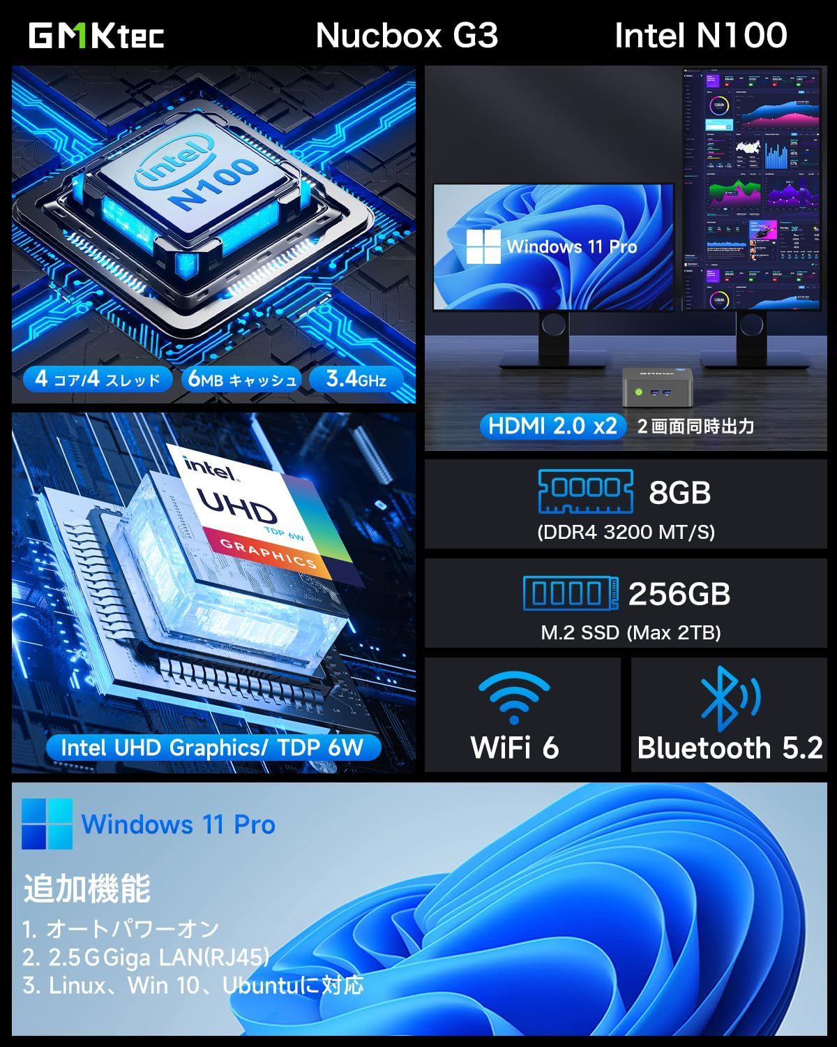 【数量限定】4コア/4スレッド SSD 最大周波数3.4GHz 8GB+256GB WIFI6/BT5.2 DDR4 TDP 6W Pro 小型 11 M.2 Windows 2280 pc NVMe（PCIe3.0）GMKtec mini ミニパソコン La