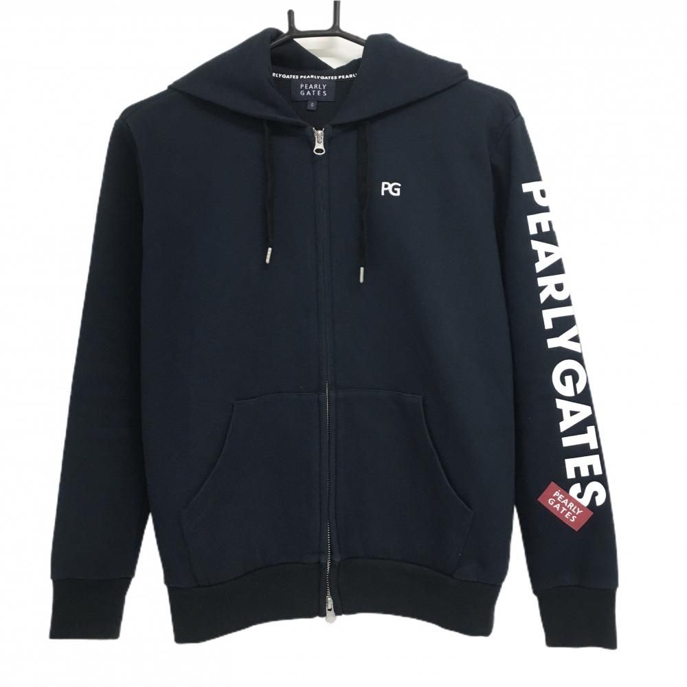 美品】パーリーゲイツ ジップパーカー ネイビー×白 袖プリント 