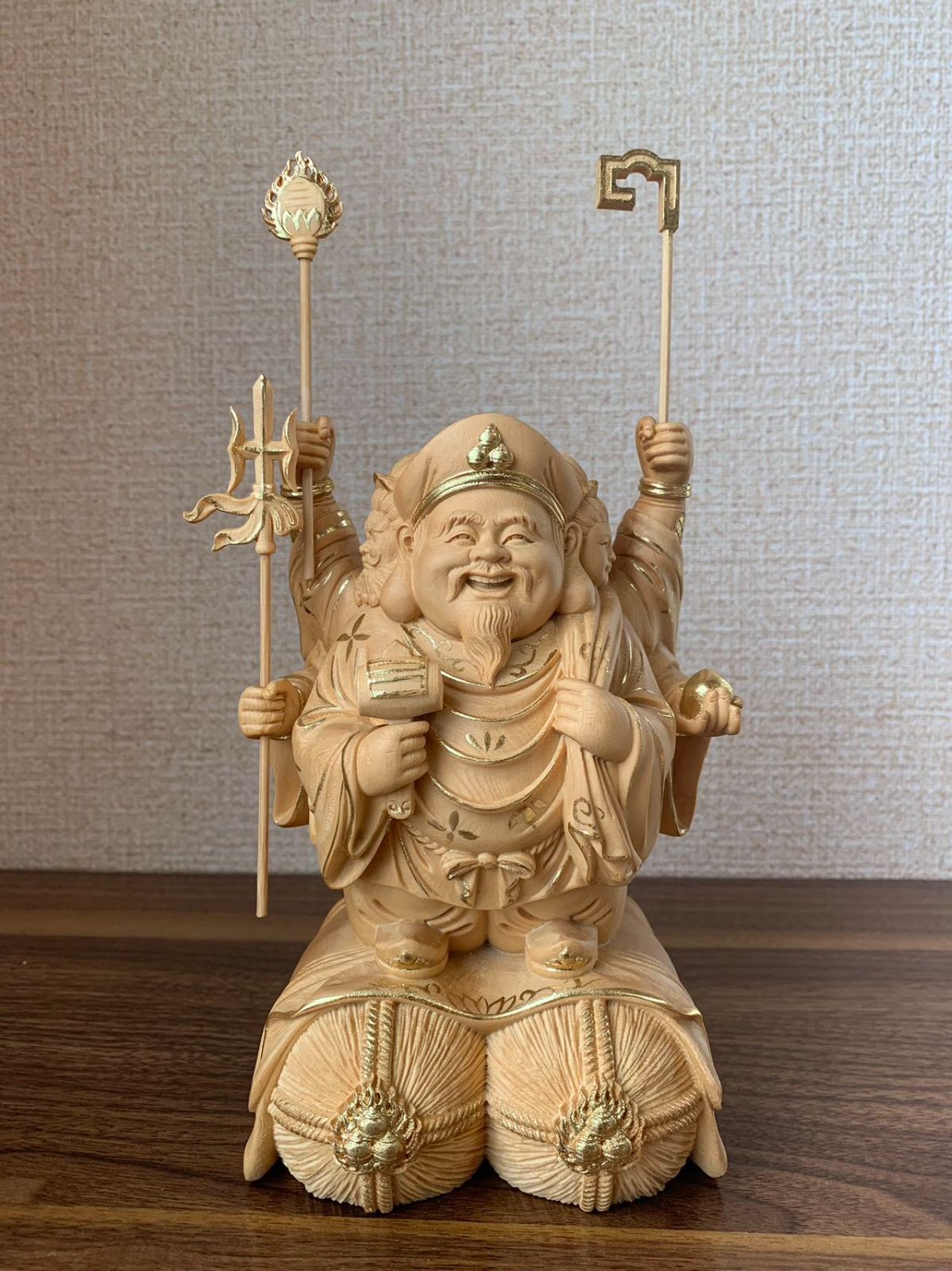 仏像 三面大黒天 三面大黒天像 檜木 木彫 仏具 (約)高25cm×幅