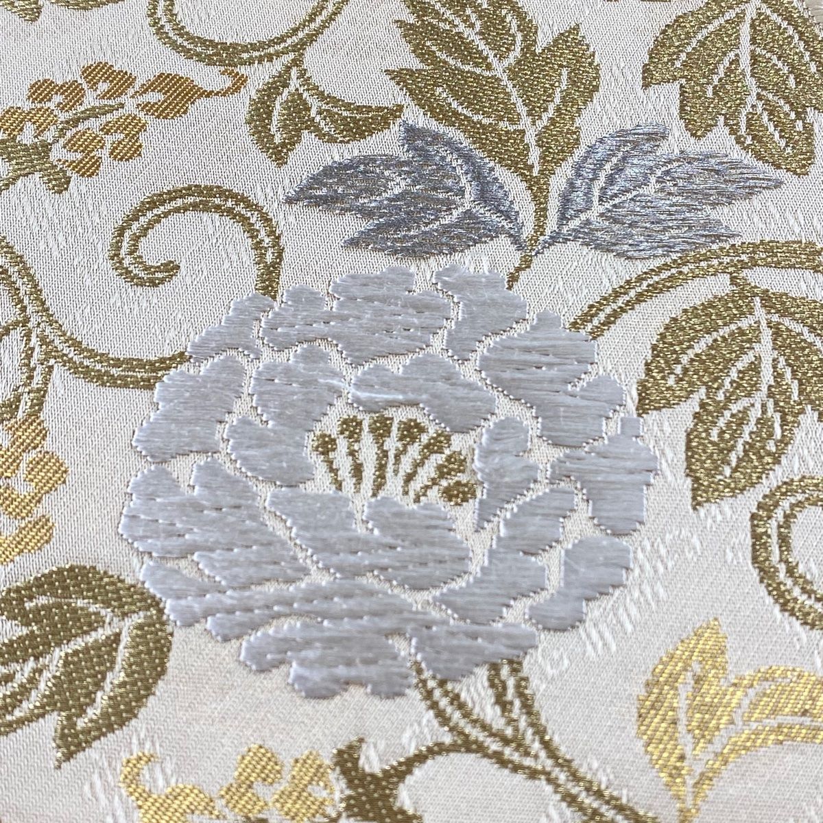 A42新品未使用　美品袋帯　箔　金糸　多彩　　唐草紋　正絹 袋帯 美品 逸品 落款 とみや織物 向かい鳥 草花 金銀糸 箔 青緑 六