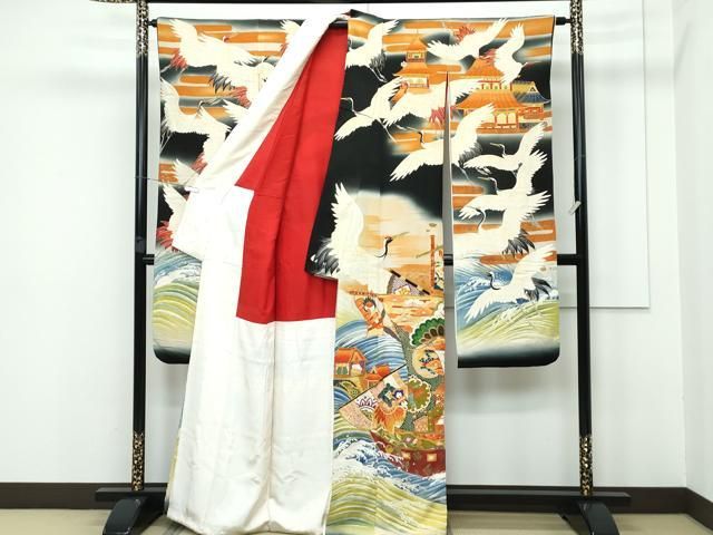 平和屋本店■極上　アンティーク　大正ロマン　振袖　駒刺繍　宝船飛鶴文　黒地　暈し染め　金彩　逸品　CZAA3246s5 平和屋本店□極上 アンティーク 大正ロマン 振袖 駒刺繍 宝船飛鶴文