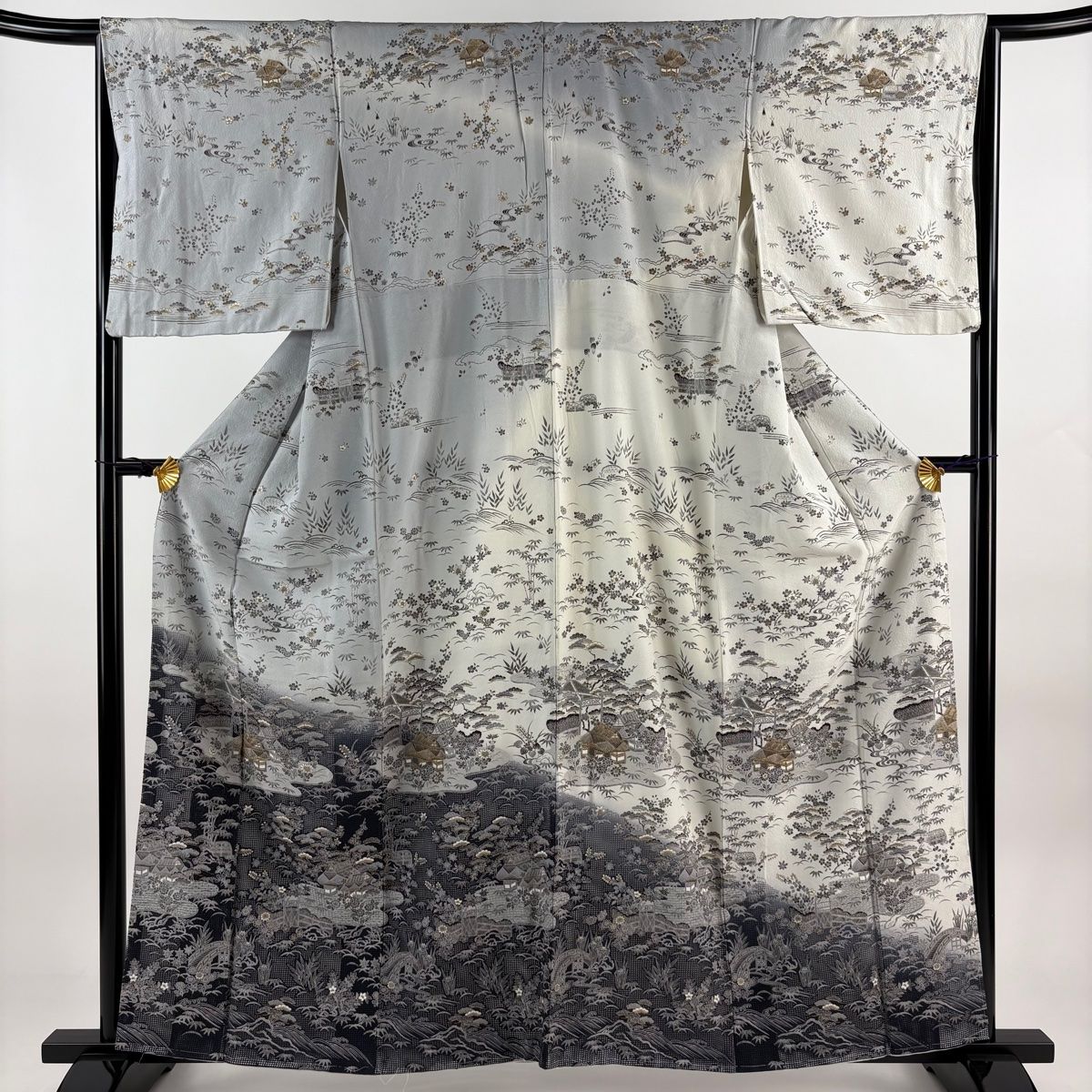 訪問着 身丈159cm 裄丈64.5cm M 袷 風景 松竹梅 金糸 刺繍 灰色 正絹