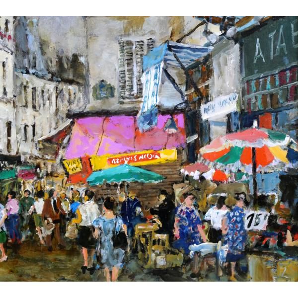 児玉 幸雄「パリーの朝市」油絵・F10号 日動画廊取扱画家 パリの街並み