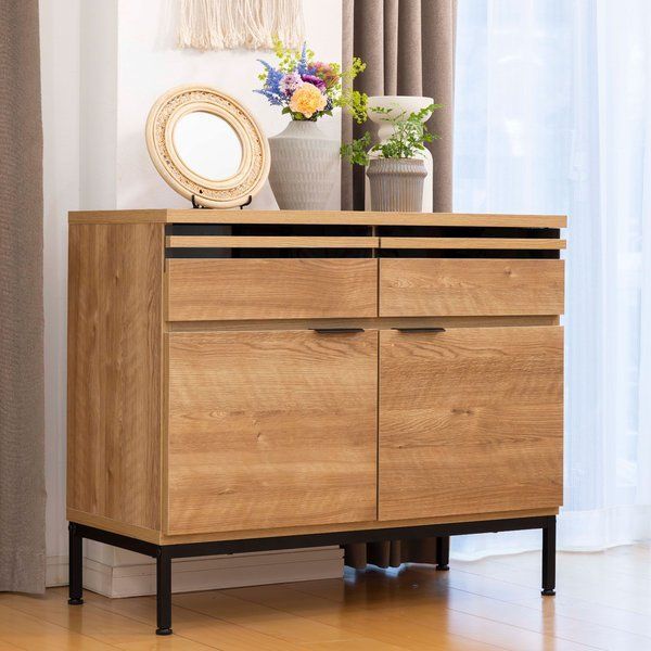 リビングビボード 扉タイプ 幅90cm ナチュラルオーク 木目調 モダンデザイン サイドボード 収納家具