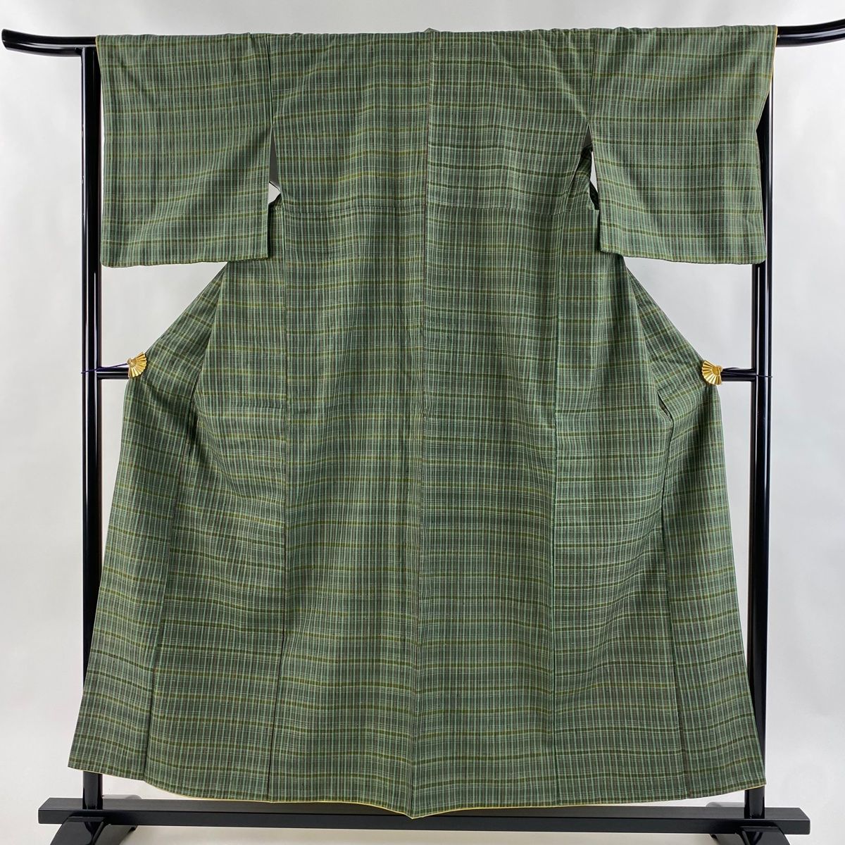 紬 身丈154.5cm 裄丈65.5cm M 袷 縞 緑 正絹 秀品