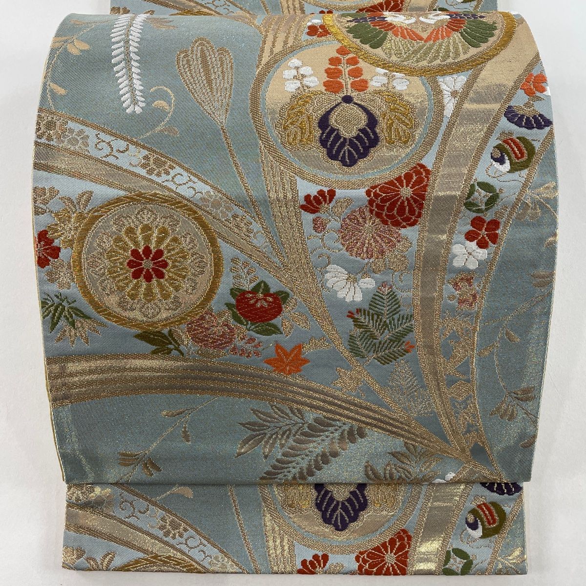 袋帯 美品 秀品 向かい鳥 草花 唐織 箔 水色 六通 正絹 【中古