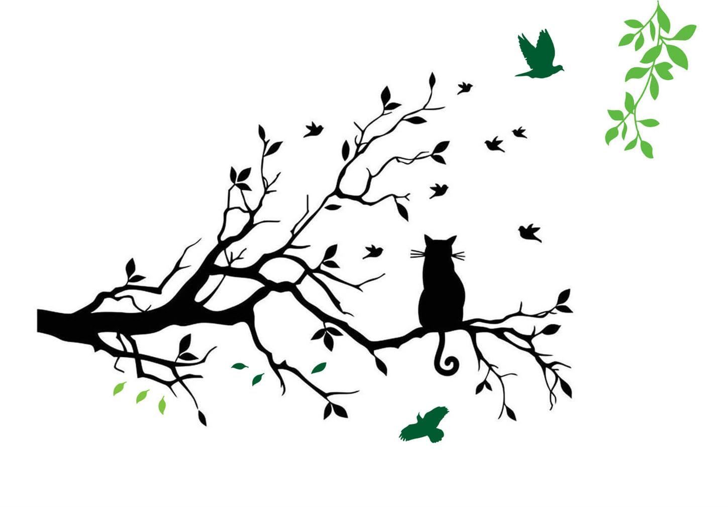 新着商品 ウォールステッカー 猫 モノクロ 黒 モダンアート 木に乗る黒猫 鳥 Chirstseason インテリア キッチン リビング 店舗装飾 剥がせる おしゃれ シール 壁紙 ウォールシール 黒猫