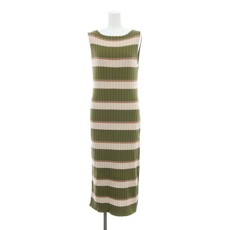 ハーリップトゥ Herlipto Cotton Striped Ribbed Knit Dress ワンピース ロング丈 ミモレ丈 ノースリーブ  ボーダー柄 コットン スリット M 緑 グリーン マルチカラー /YQ ■OS