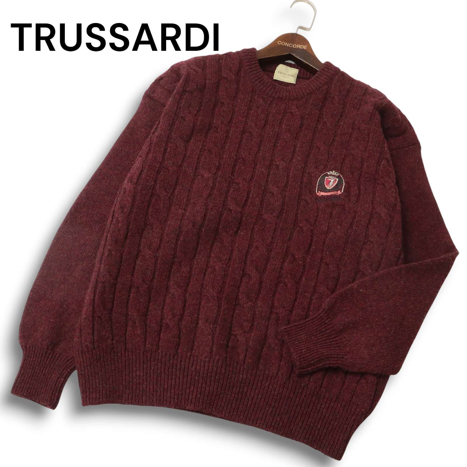 イタリア製 TRUSSARDI トラサルディ 秋冬 ウール100％ ロゴ刺繍 ケーブル編み セーター ニット Sz.M メンズ