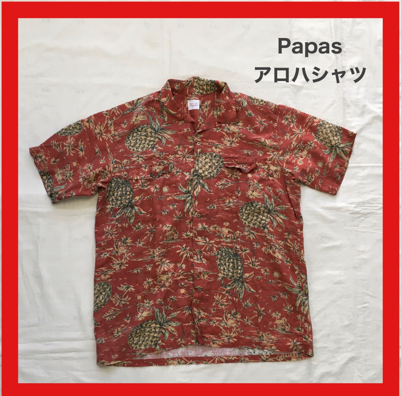 Papas パパス アロハシャツ ハワイアンシャツ シャツ 半袖 麻 リネン L ...