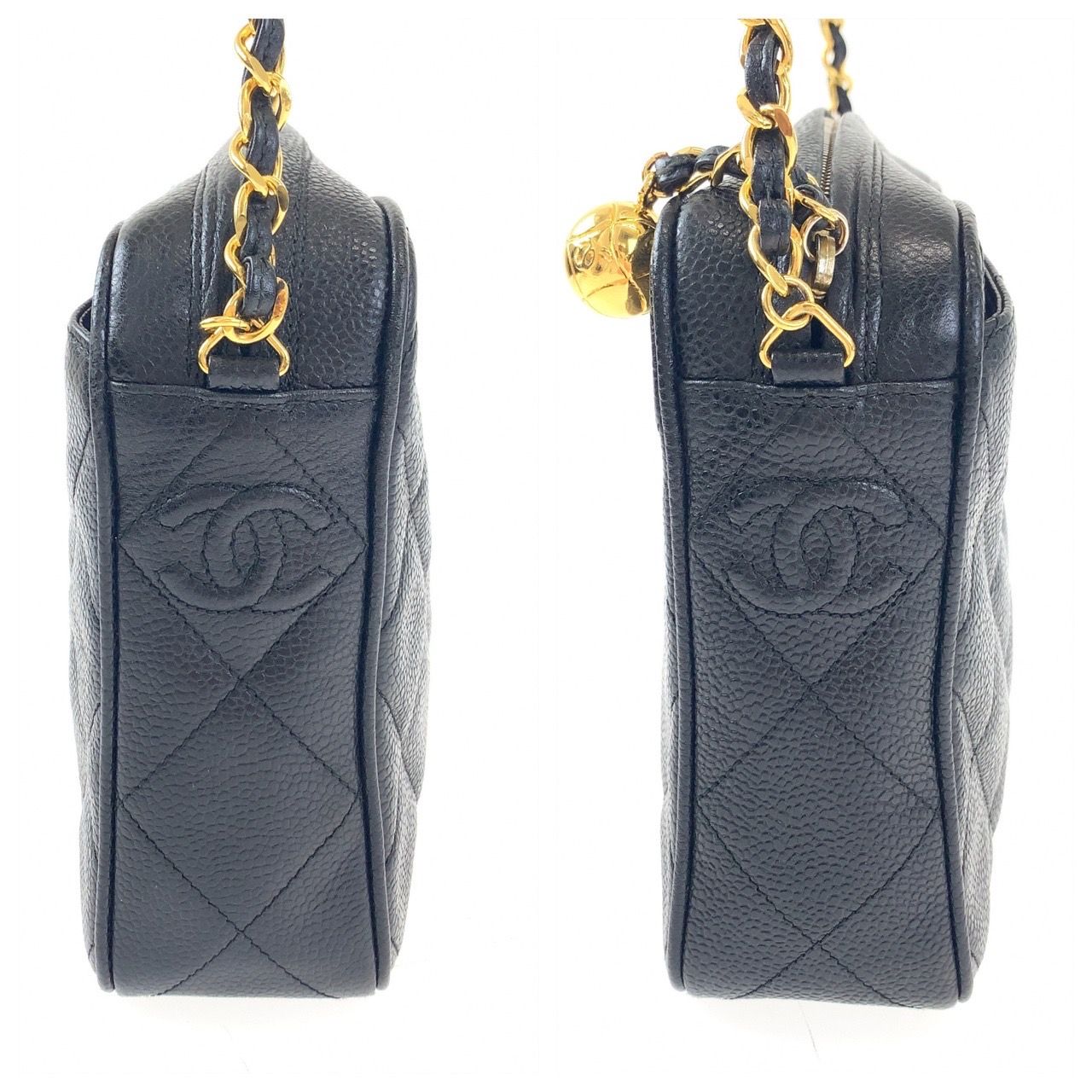 CHANEL シャネル キャビアスキン CCロゴボール ブラック レザー