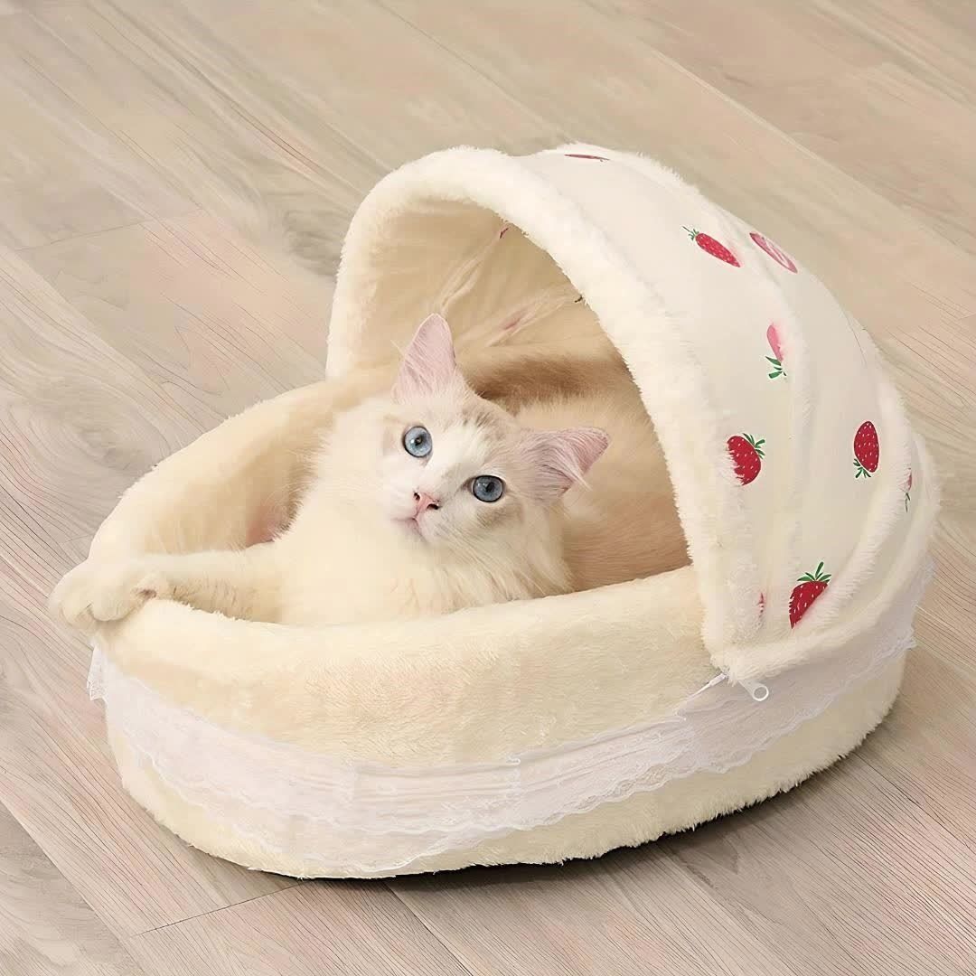 ペットベッド フルーツ柄 ドーム 猫 ゆりかご型 キャットベッド 犬 猫 いちご もも ピーチ ストロベリー かわいい お洒落 SNS インスタ映え 防寒対策