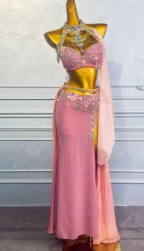 ベリーダンス衣装 ブラ ベルトスカートセット ピンク オーダーメイド