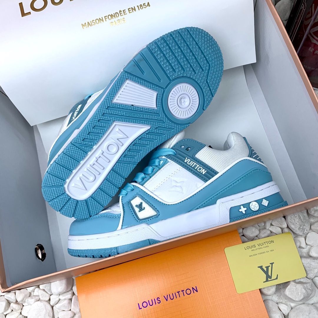 レザーカジュアルロートップファッションスニーカー青と白｜ ｜