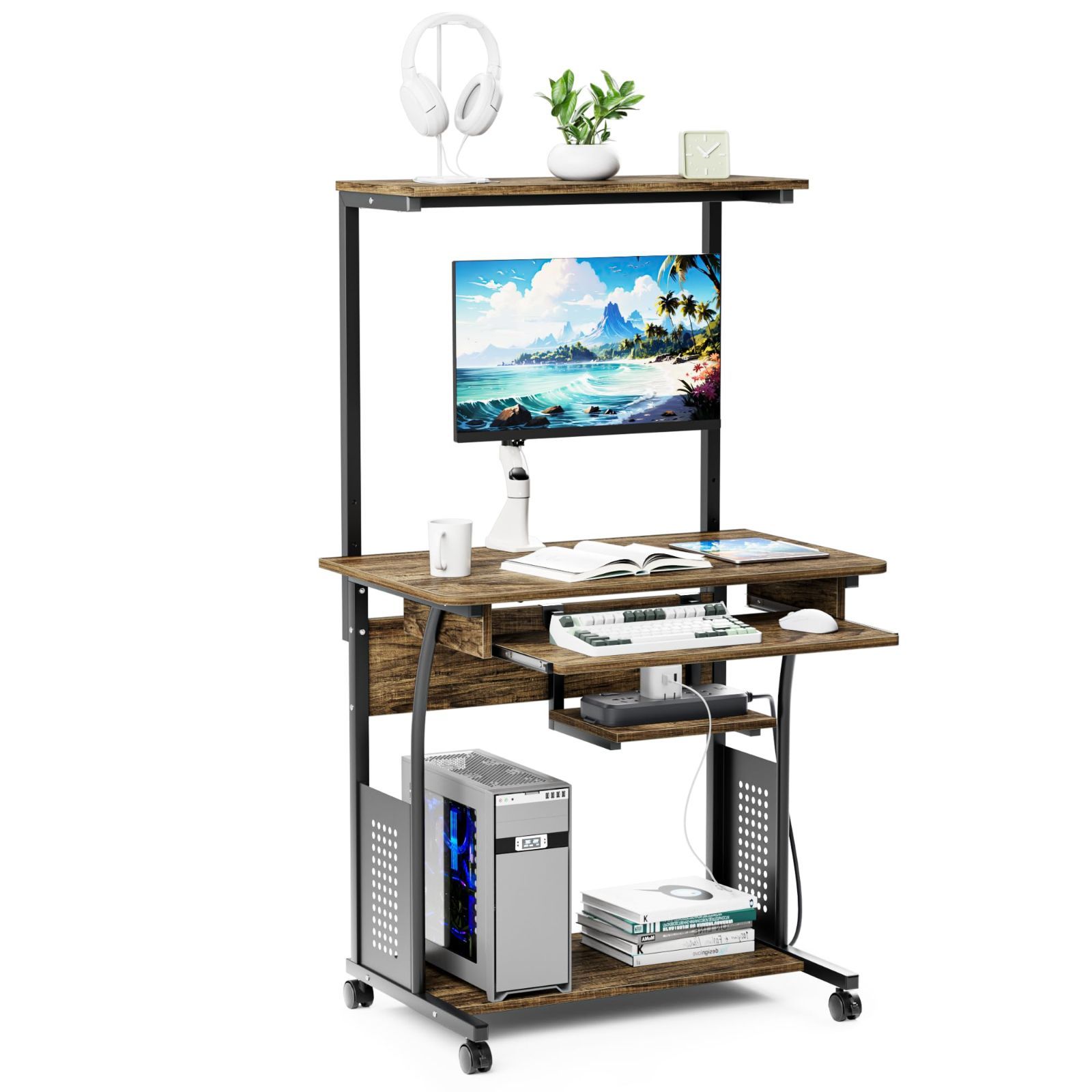 机 pcデスク パソコンデスク パソコンラック 収納ラック付き 木製 テーブル 木目柄 キャスター キーボードテーブル付き DEWEL PCラック 省スペース シンプル メラミン加工 ワークデスク学習机 80X50X135cm 木目調