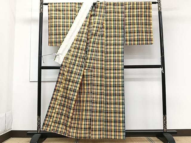 平和屋着物●上質な紬　花織　格子　正絹　逸品　未使用　AAAY8671ph 平和屋着物○上質な紬 花織 格子 正絹 逸品 未使用 AAAY8671ph