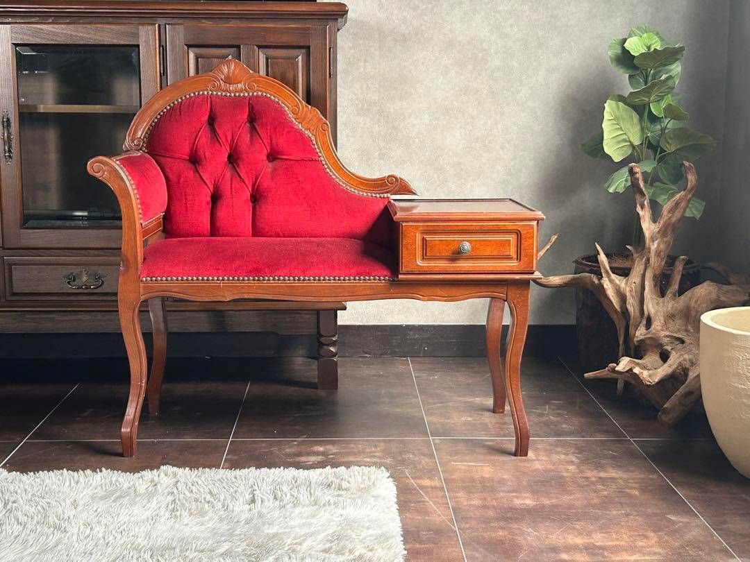 アンティーク　ビンテージ　クラシック　木彫　猫脚　レッド　テレフォンベンチ　GG アンティーク ビンテージ クラシック 木彫 猫脚 レッド テレフォン