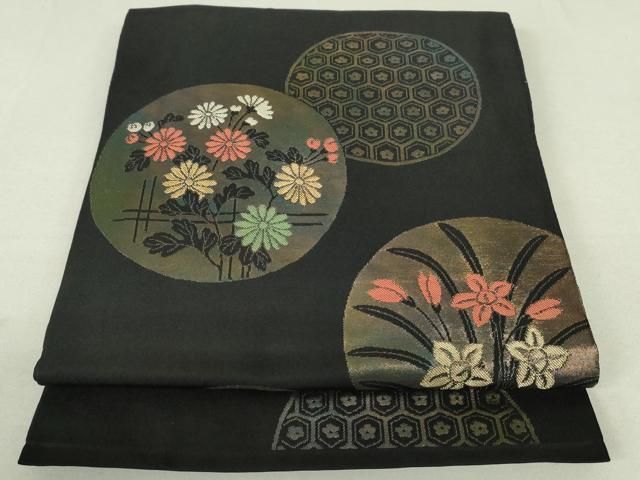 平和屋着物●六通柄　本袋帯　亀甲草花丸文　黒地　金糸　引箔　正絹　逸品　DAAT7654ob 平和屋着物○六通柄 本袋帯 亀甲草花丸文 黒地 金糸 引箔 正絹 逸品