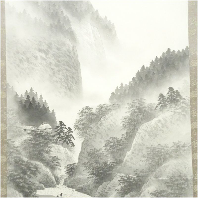 茶室飾り 壁掛『山水風景人物画』肉筆 絹本 木製額入 茶道具★時代物★ 茶室飾り 壁掛『山水風景人物画』肉筆 絹本 木製額入 茶道具