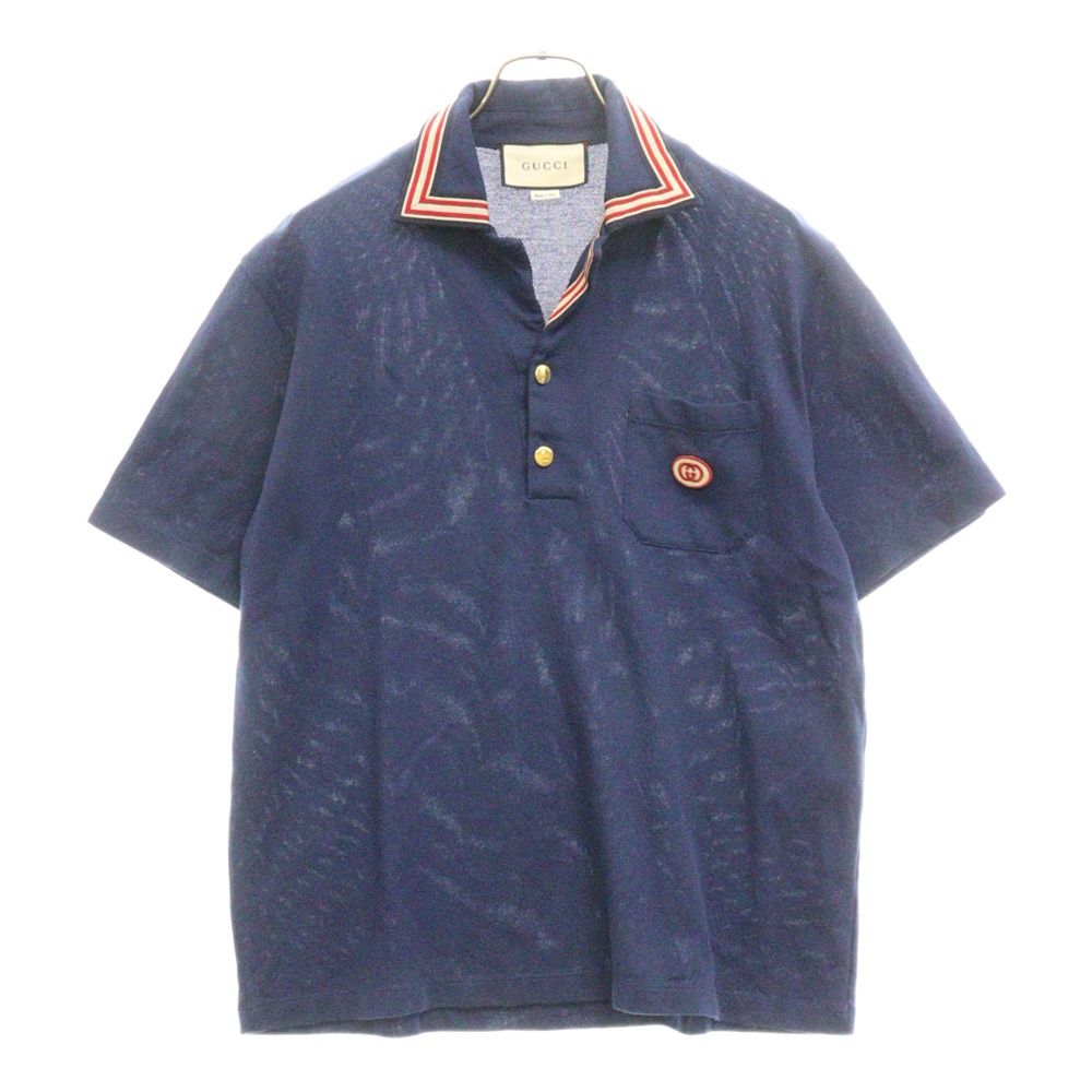 GUCCI (グッチ) GG STICKER COTTON SHORT SLEVE POLO SHIRT インターロッキング G開襟 半袖ポロシャツ  カットソー ネイビー 625351 XJCN3 - 正規輸入代理店品