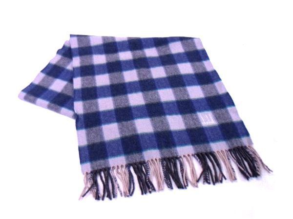dunhill ダンヒル ウール100％ チェック柄 フリンジ マフラー ストール ショール ネイビー系×グレー系 BD1365WN