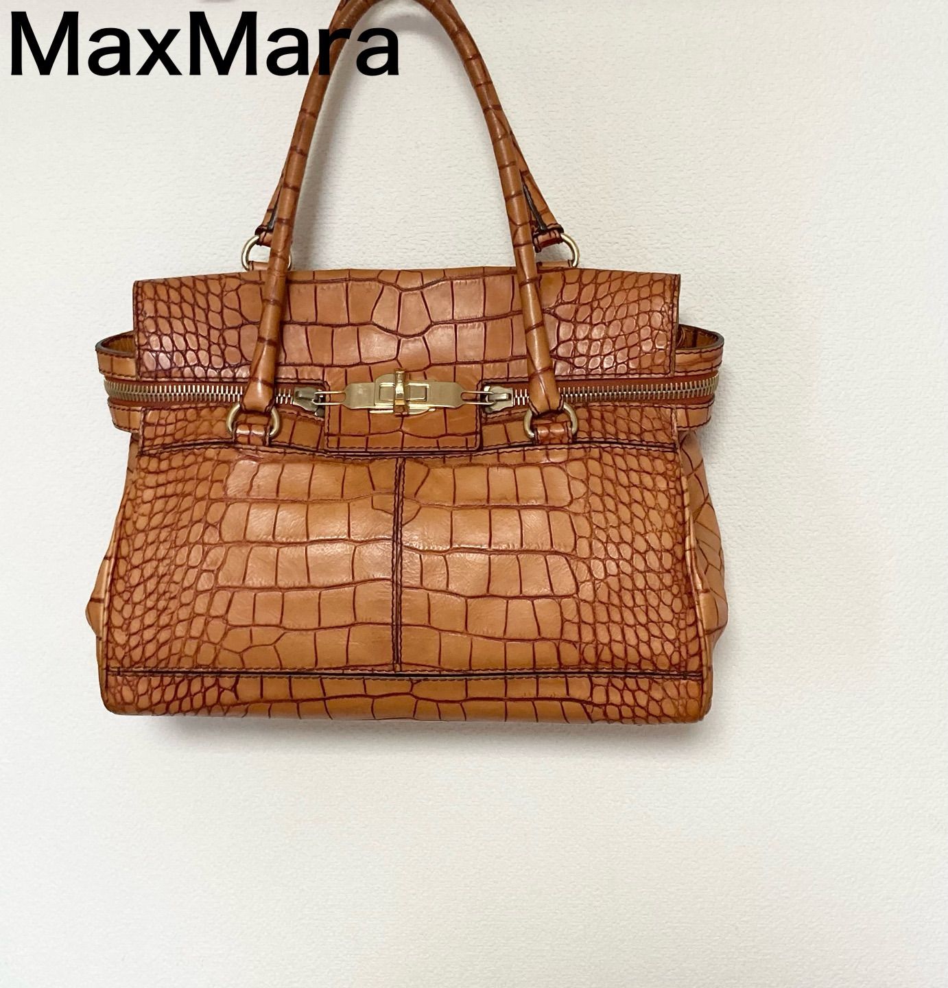 Max Mara マルゴー クロコ型押し ハンド ショルダー バッグ ブラウン