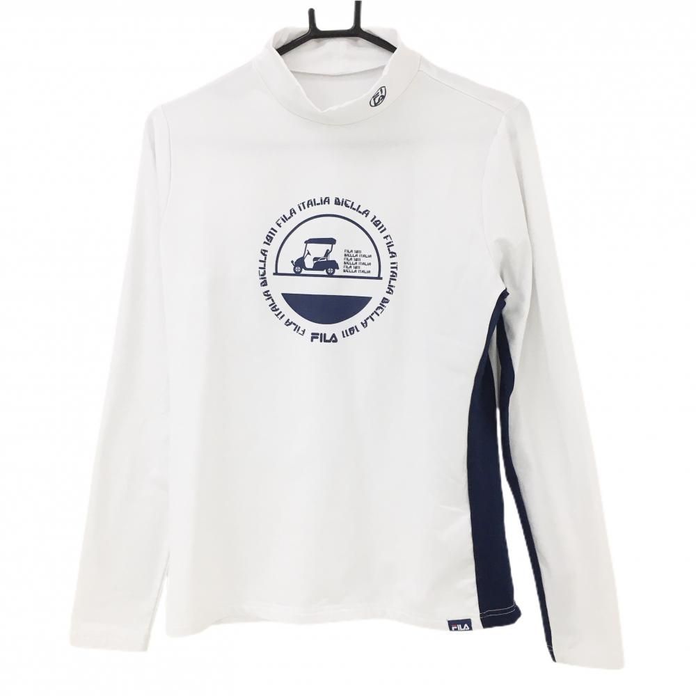 SALE5％OFF【超美品】フィラゴルフ 長袖ハイネックシャツ 白×ネイビー カート 裏微起毛 ストレッチ レディース L ゴルフウェア FILA GOLF