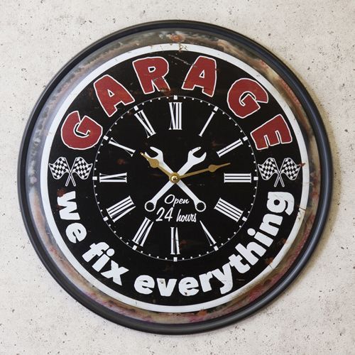 時計　掛け時計　壁掛時計　クロック　アンティークメタルクロック　GARAGE　ブラック　アメリカン雑貨