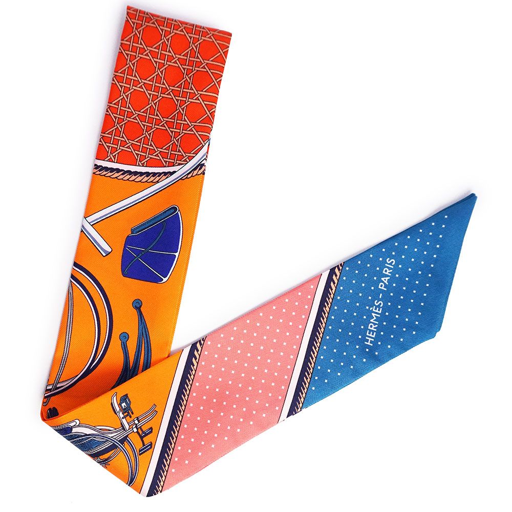 エルメス ツイリー Les Voitures a Transformation 折畳み式幌の馬車 リボン スカーフ シルク100％ オレンジ コバルト ヴァーミリオン HERMES