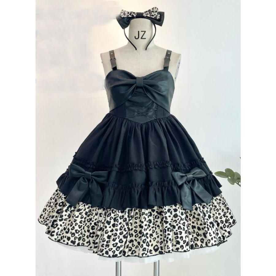 ジャンパースカート ロリータ ワンピース パンク ゴシック ゴスロリ ロリータ ドレス ショート丈 膝丈 暗黒系 ロリータ服 lolita フェイクレザー切替 ワンピース