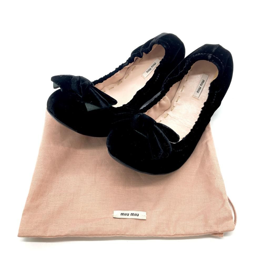 最新入荷 ミュウミュウ MIUMIU リボン バレエシューズ ベロア ブラック バレエ